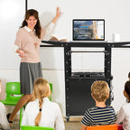 AV Cart, Steel AV Cart with Locking Cabinet and Pullout Keyboard Tray, Adjustable-Height Rolling Media Cart with Wheels & Power (43”x18”x43”)