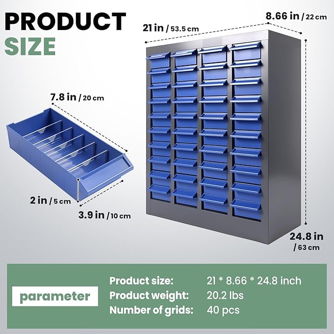 40 Drawers Alloy Steel Nut and Bolt Organizer, Parts Cabinet with Adjustable Shelves and Label Stickers, Bolt Organizer for Nuts Bolts Parts Screws Small Items