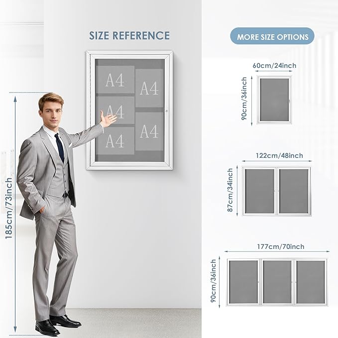 Outdoor Bulletin Board Weatherproof 36x24 in,Enclosed Bulletin Board with Locking Door, Wall Display Case for Office School Home Commercial, Silver Aluminum Frame, Gery Felt