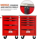 4 Drawers Tool Cart on Wheels with Stainless Steel Worktop, Heavy Duty Mobile Rolling Drawer Tool Chest with Locking Wheels & Lockable Drawers, Garage Tool Storage Cabinet (Red, 4 Drawers)