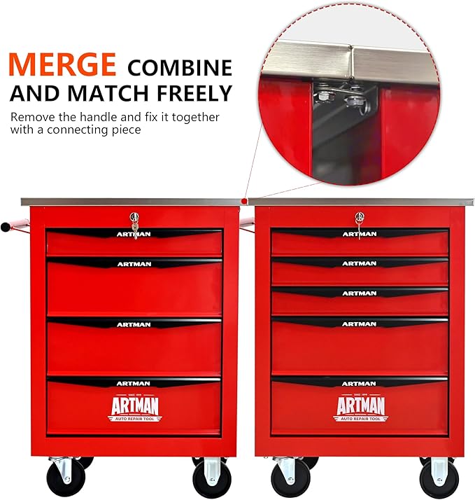 4 Drawers Tool Cart on Wheels with Stainless Steel Worktop, Heavy Duty Mobile Rolling Drawer Tool Chest with Locking Wheels & Lockable Drawers, Garage Tool Storage Cabinet (Red, 4 Drawers)