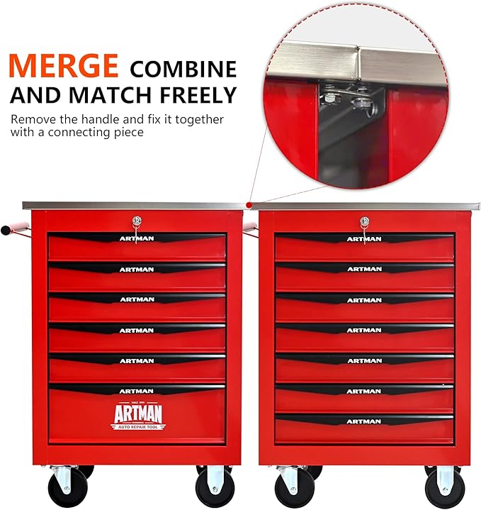 7 Drawers Tool Cart on Wheels with Stainless Steel Worktop, Heavy Duty Mobile Rolling Drawer Tool Chest with Locking Wheels & Lockable Drawers, Garage Tool Storage Cabinet (Red, 7 Drawers)