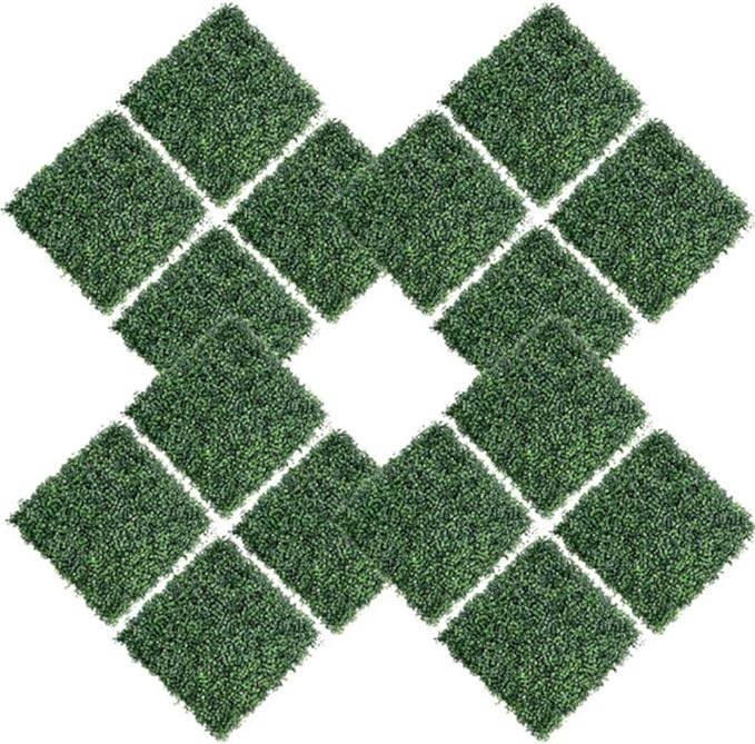 16PCS 20"x20" Artificial Boxwood Panels Topiary Hedge Plant UV Protected Faux Grass Wall Greenery Mats for Outdoor Garden Fence Backyard and Indoor Home Wedding Decoration, Dark Green