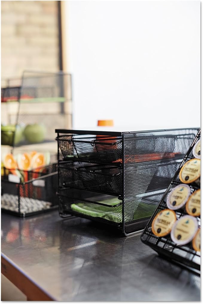 Safco Onyx Hospitality Organizer, 3 Drawers, For Snacks, Coffee Pods, Sugar Sweetener, Stirrer, Napkins and More, Steel Mesh, Black
