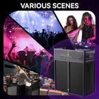 Portable DJ Booth Table,Foldable DJ Table Stand with White & Black Scrim,Adjustable D J Facade Station Triangle Plate Metal Frame with Cable Hole for Private Events, Clubs, Bars