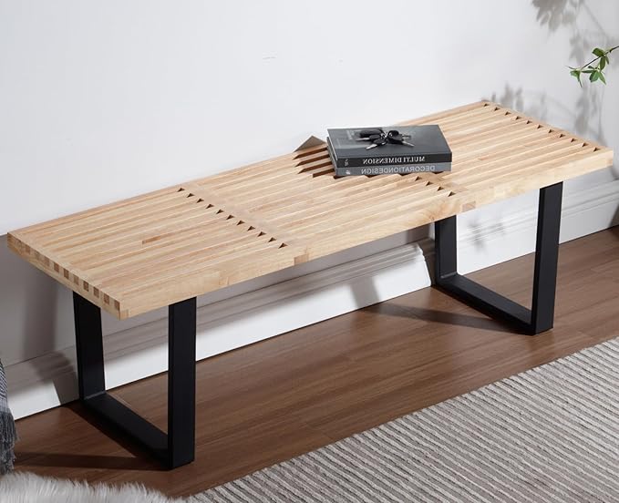 55" Natural Solid Wood Bench, Modern End of Bed Bench for Bedroom Entryway Bench w/Metal Legs, Dining Bench Bedside Bench Long Ottoman Bench for Front Entryway Living Room Dining Room Kitchen