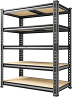 60.1" H Garage Storage Shelves 1990LBS Storage Shelves, 5 Tier Adjustable Metal Shelving, Garage Shelving for Storage, Basement, Warehouse, Pantry, Kitchen, 27.5" W x 11.9" D x 60.1" H, Black