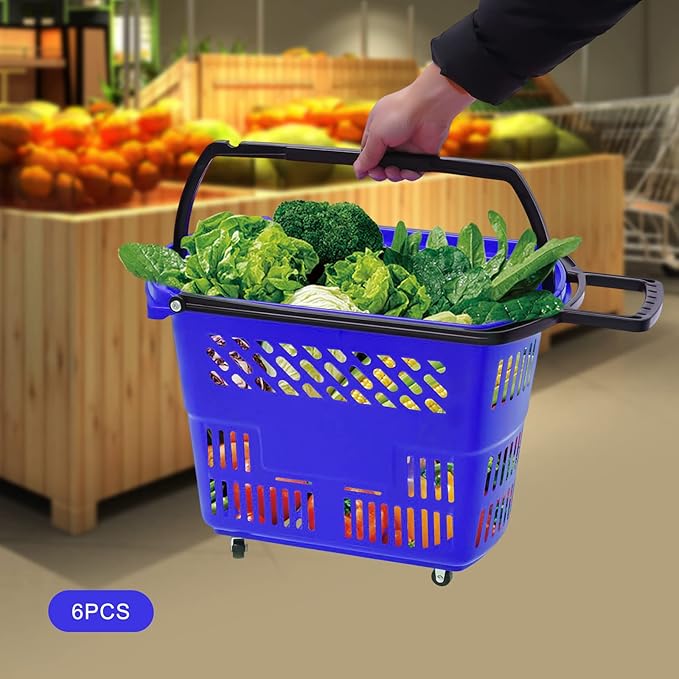 35L 6PCS Shopping Carts with Wheels and Handle, Plastic Rolling Basket, Portable Shopping Baskets Set for Supermarkets and Retail Stores
