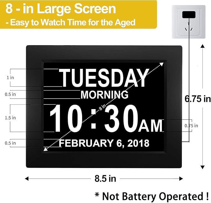 【New 2024】 Digital Calendar Alarm Day Clock - with 8" Large Screen Display, am pm, Multiple Alarms, for Impaired Vision People, The Aged Seniors, The Dementia, for Desk, Wall Mounted, Black