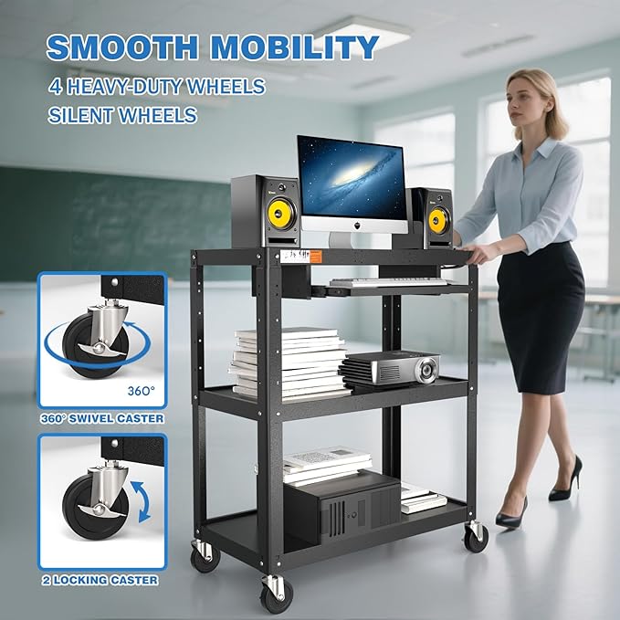 Extra Large Rolling Computer Cart with Power Strip - 3 Tier Steel Utility AV Cart with Wheels - Height Adjustable Mobile Workstation Media Carts for Presentation Office Classroom, 34" x 18" x 42"