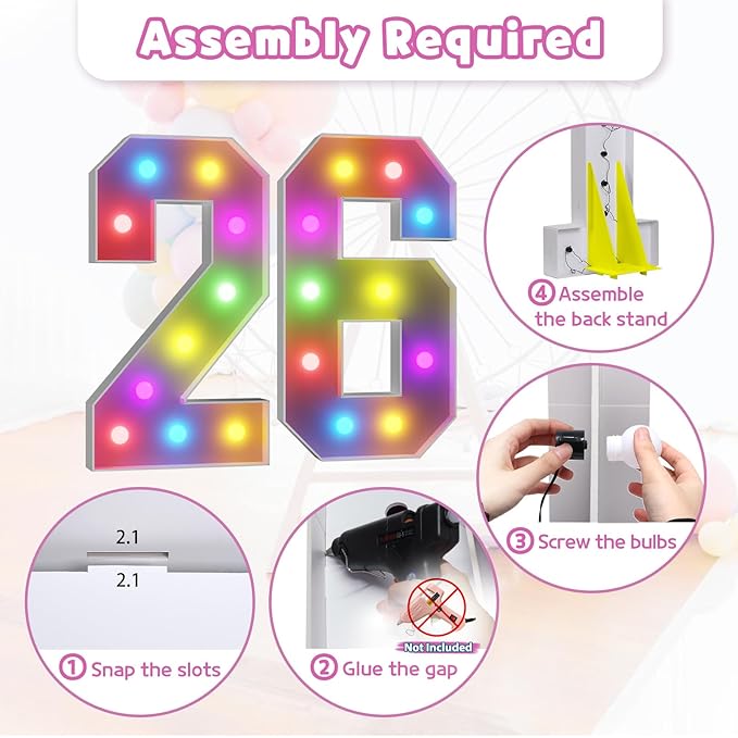 Marquee Numbers Colorful 26th Birthday Decoration: 4FT Large Light Up 26 Year Old Birthday Decorations Anniversary Backdrop Cardboard Sign 18 Colors Number 26 Mosaic Balloon Frame