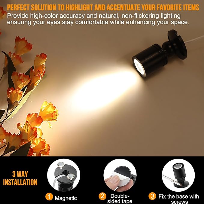 Taysing LED Spot Light Indoor Little Mini Spotlight Accent Lights for Display, Paintings, Pictures, Plants, Jewelry, Shelves, Cabinets, Posters, Showcase(Soft White 4 Pack Dimming&Timing)