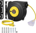 VEVOR Retractable Extension Cord Reel, 45 FT, Heavy Duty 12AWG/3C SJTOW Extension Power Cord with Lighted Triple Tap Outlet, 15A Circuit Breaker 180° Swivel Bracket for Ceiling or Wall Mount, Yellow