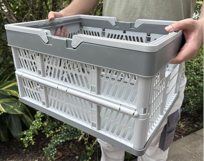 Collapsible Storage Crate with Handles, Milk Crates，33L Foldable Plastic Shopping Basket, Organizer Container for Car Home Pinic (Light blue, Large)