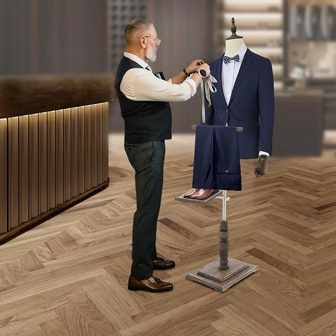 Male Clothing Display Racks, Height Adjustable Clothing Store Clothing Props with Stand and Solid Wood Arm, Male Mannequin Torso for Market Shop Window Display (Beige)