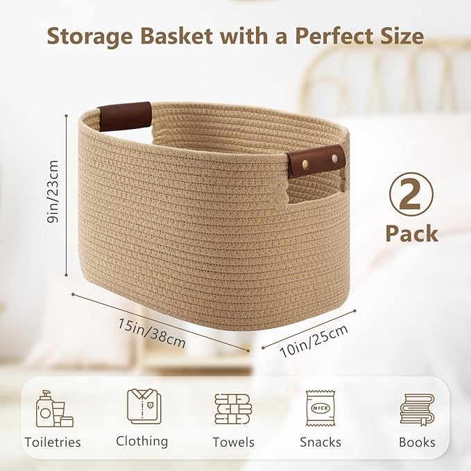 Cotton Rope Basket, Storage Baskets with Handle, 15x10x9 Inch Woven Basket for Shelves, Laundry, Towels, Clothes, Books (Jute/Brown 2Pack)