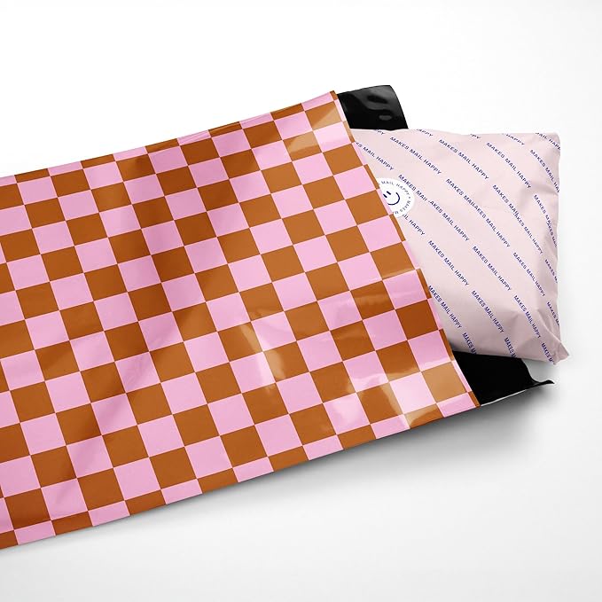 Poly Mailers 10x13 – 100 Pack – Cute Printed Recyclable Shipping Envelopes for Small Business Packaging, Self Sealing Mailing Bags – Checkerboard Pink and Rust Design