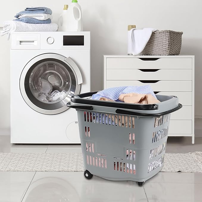 4-Pack Large Wheeled Shopping Basket with Carry Handle, 50 L Plastic Grocery Shopping Basket Gray