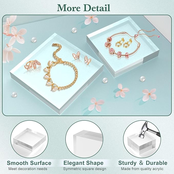 Acrylic Base Stand 4 Pack 5 X 5 X 1 Inch Acrylic Blocks for Display Trophy Base Clear Square Cube Riser Display Cylinder Pedestal Stands for Collectibles Jewelry Props Food Display