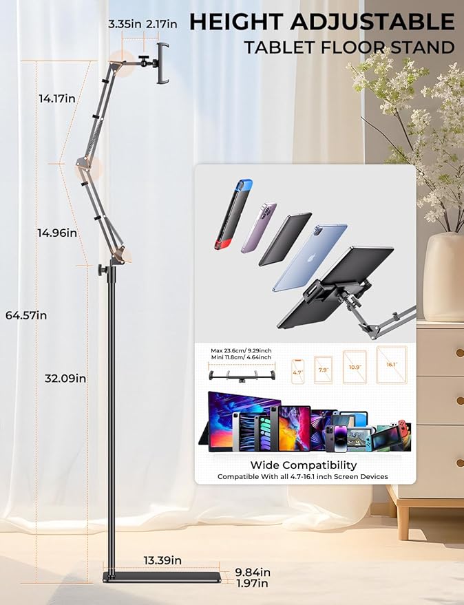 Tryone Tablet Floor Stand for Kindle Holder: E-Book Bed Mount with Page Turner Remote & Flexible Adjustable Arm, 1.85 kg Heavy-Duty Metal Base Compatible with Devices from 4.7-16.1 inches (Black)