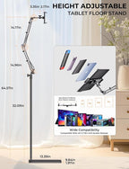 Tryone Tablet Floor Stand for Kindle Holder: E-Book Bed Mount with Page Turner Remote & Flexible Adjustable Arm, 1.85 kg Heavy-Duty Metal Base Compatible with Devices from 4.7-16.1 inches (Black)