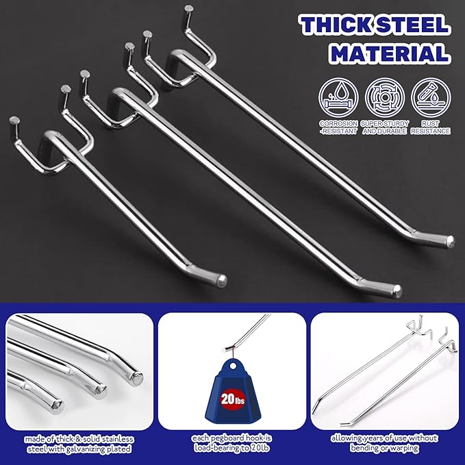 40Pcs 2" 4" 6" 8" Pegboard Display Hooks Assortment Set, Stainless Steel Garage Organization Peg Wall Hook Metal Slatwall Panel Hook Fit 1/8 and 1/4 Inch Pegboard for Retail Shop