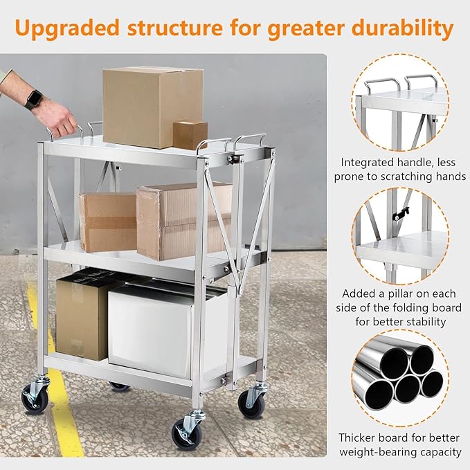 Upgraded Superior Foldable Stainless Steel Utility Cart, 300 LBS Heavy - Duty Load Limit, 3 - Tier Extra - Large Storage with Lockable 360° Rotating Wheels, Heavy - Duty Rolling Cart for Restaurant, G