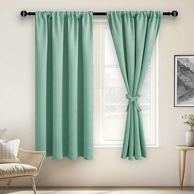 JIUZHEN Blackout Curtains for Bedroom– Thermal Insulated,Noise Reducing Room Darkening Privacy Drapes for Living Room, Set of 2 Panels with Tiebacks, 38 x 63 inch Long, Sage Green
