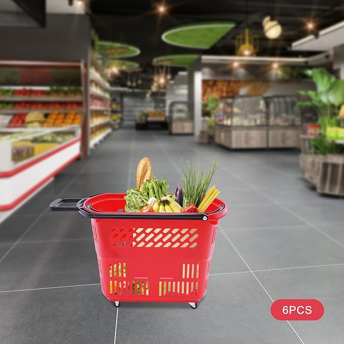 35L 6PCS Shopping Carts with Wheels and Handle, Plastic Rolling Basket, Portable Shopping Baskets Set for Supermarkets and Retail Stores