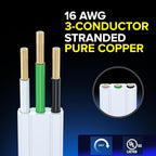 Maximm Cable 25 Ft 360° Rotating Flat Plug Extension Cord/Wire, 16 AWG Multi 3 Outlet Extension Wire, 3 Prong Grounded Wire - White - UL Certified