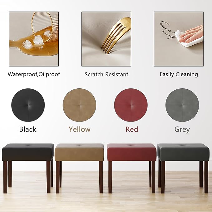 Leather Vanity Stool, 18.7 Inch Wide Rectangle Ottoman Bench for Makeup Room, Vanity Chair with Wood Legs for Piano Room, Bedroom,Living Room with Customizable (Gray)