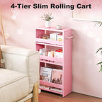MARTY Rolling Storage Cart 7.9" W, 4-Tier Kitchen Cart with Wheels Handle, Slim Storage Cart Mobile Shelving Utility Carts for Bathroom Laundry Room Organization Narrow Places (Pink)
