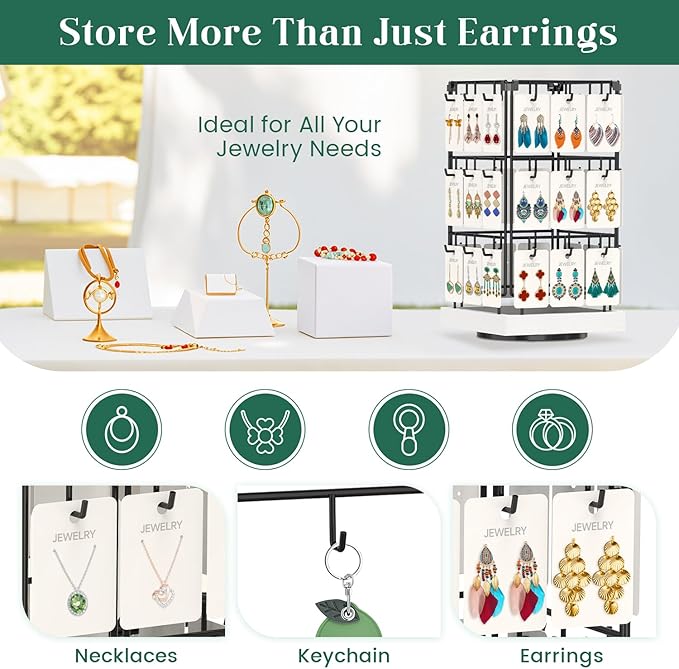 EsLuker.ly Rotating Earring Display Holder Stand for Vendors Events Selling, Large Capacity 36 Hooks Jewelry Rack with Wooden Base for Earring Card Sales, Enhances Retail Visibility