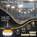120FT LED Construction String Lights, 12 Bulbs Waterproof Linkable Industrial String Work Lights & Hooks, 5000K Daylight Temporary Lighting for Jobsite Attic Cralspace