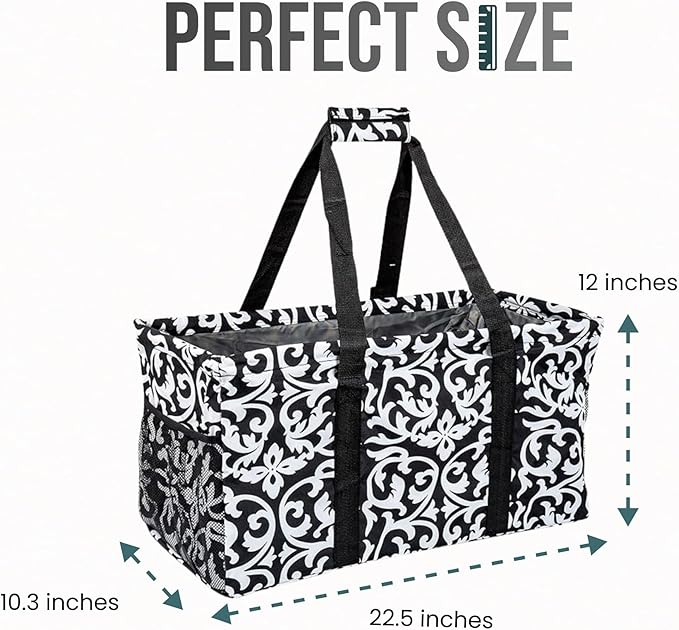 Extra Large Utility Tote Bag - Oversized Collapsible Reusable Wire Frame Rectangular Canvas Basket With Two Exterior Pockets For Beach, Pool, Laundry, Car Trunk, Storage - Damask Black