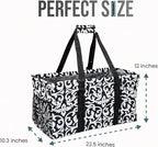 Extra Large Utility Tote Bag - Oversized Collapsible Reusable Wire Frame Rectangular Canvas Basket With Two Exterior Pockets For Beach, Pool, Laundry, Car Trunk, Storage - Damask Black