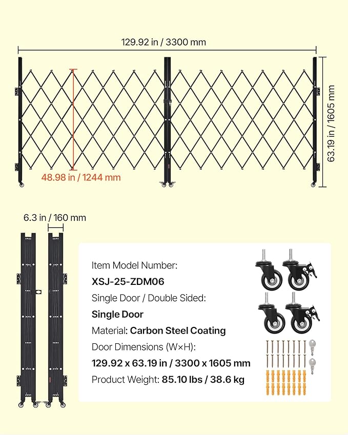 VEVOR Double Folding Security Gate, Lockable Scissor Gate with 360° Swivel Casters, Outdoor Barricade Steel Retractable Gates, for Entry Security, Garage, Warehouse & Pool, 129.92 x 63.19 in (W x H)