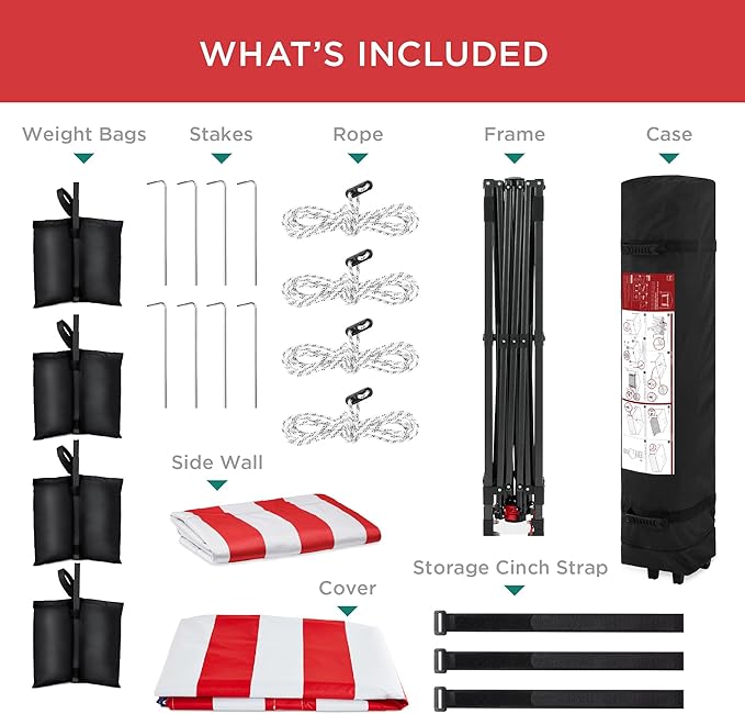 Best Choice Products 10x10ft Easy Pop Up Canopy w/Side Wall, 10 Pockets, Portable Carrying Case, 1-Button Setup, 4 Weight Bags - American Flag