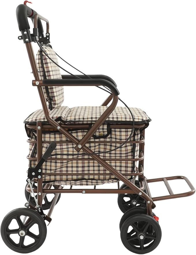 Shopping Cart, 220lbs Foldable Shopping Cart, Utility Cart with Seat & 360° Wheels, for Groceries, Laundry, Camping (Checkered)
