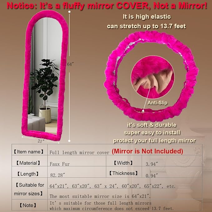 Fluffy Mirror Cover - 64"x21" Full Length Stretch Universal Ultra Soft Non-Slip Cover Warm Home Decor for Bedroom Cloakroom, Gift for Girls