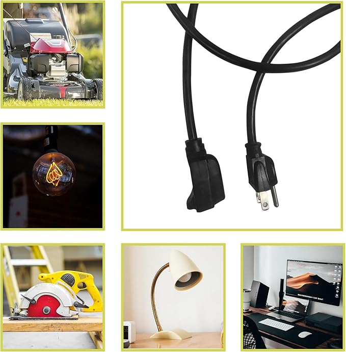15 Ft Indoor Outdoor Black Extension Cord, 16/3 SJTW Heavy Duty Water-Resistant, 3 Prong Grounded Plug Power Cord for Home Appliance, Lights and Lawn, 13A 1625W, UL Listed