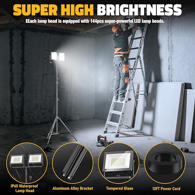 LIVOWALNY 22000 lm LED Work Light with Stand Pack of 2, 220W 2 Adjustable Head Tower Light with 13FT Cord, Portable IP65Waterproof Tripod Flood Light for Job Site Workshop Garage Construction Lighting