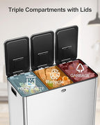 60L Three-Compartment Pedal Kitchen Trash Can, 15.9 Gallon Stainless Steel Recycling Bin with Odor Seal, Hands-Free Foot Pedal, Easy-Clean Surface,for Home, Office, Restaurant, School, Hospital