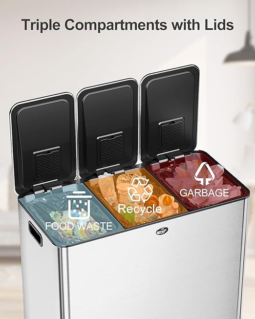 60L Three-Compartment Pedal Kitchen Trash Can, 15.9 Gallon Stainless Steel Recycling Bin with Odor Seal, Hands-Free Foot Pedal, Easy-Clean Surface,for Home, Office, Restaurant, School, Hospital