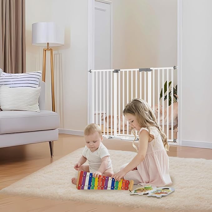 41'' Extra Tall Baby Gate for Large Dogs Pets Indoor No Jumping Over, 30-49.2'' Wide Heavy Duty Puppy Gate for Doorways, Pressure Mounted Metal Gate for Child Toddler No Tools Needed(White)