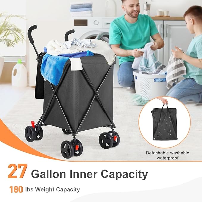 27 Gal/180 LBS Capacity Shopping Cart, Upgrade Huge Grocery Cart on Wheels,Heavy Duty Foldable Utility 360° Rolling Swivel Wheels for Shopping Picnic Groceries Laundry (Black)