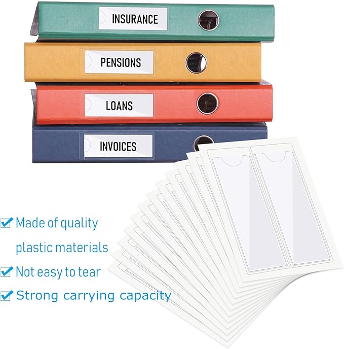 Chinco 50 Pack Clear Adhesive Pockets, Labels for Storage Bins, Plastic Self Adhesive Index Card Holder with Top Open for Organizing Bins Box Drawer(1.2 x 3.35 Inches)