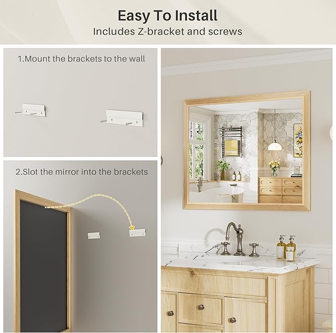 72x36 Inch Bathroom Mirror for Wall, Anti-Rust Oak Wood Grain Metal Framed Bathroom Mirrors for Over Sink,Rectangler Mirrors for Bathroom Vanity, Farmhouse, Bedroom, Living Room, Entryway Decor