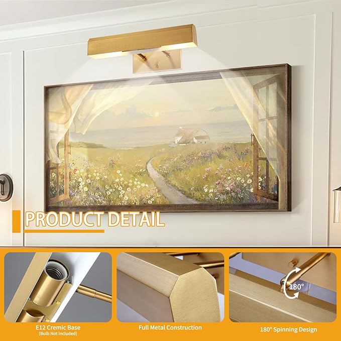 Picture Light Fixture, 15.75 inch Modern Painting Light, Full Metal Art Light for Display, Wall, Picture Frame, Painting Frame, Gallery, Brass Finish, E26 Base
