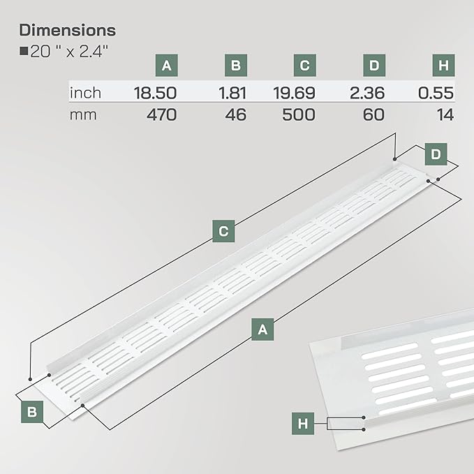 Vent Systems 19.69 x 2.36 Inch (Outer Size) Air Supply Ventilation Grille - Pack of 2 - White Aluminum Rectangle Intake/Exhaust Door Vent Deflector - HVAC for Home Improvement Floor, Wall Duct Cover